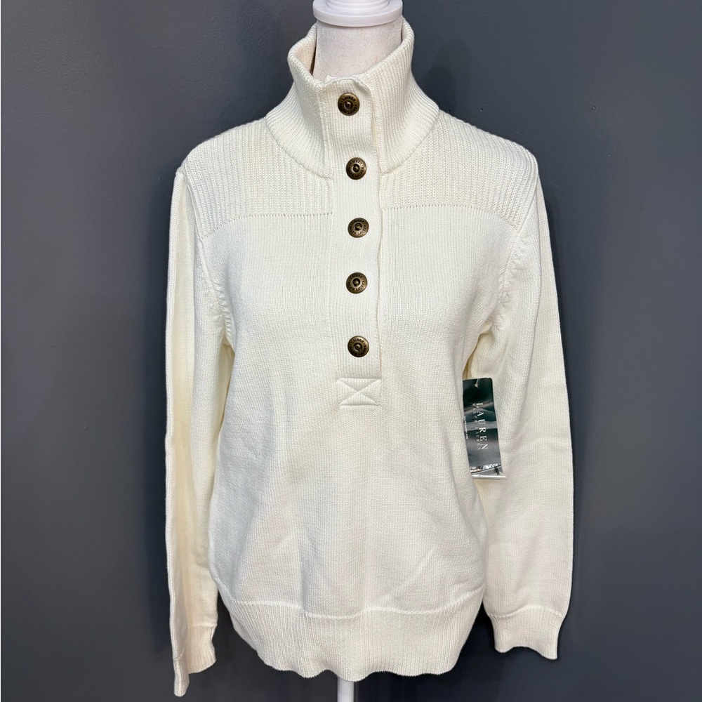 VTG Y2K Lauren Ralph Lauren Ivory Knit Sweater Metal Crest Buttons NWT  L - Picture 2 of 16